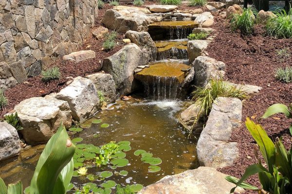 backyard water fall into small pond