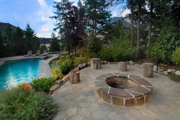 pool deck with fire pit