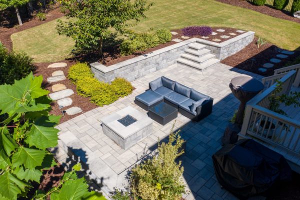 Custom patio, steps and modern fire pit Huntersville NC | MetroGreenscape